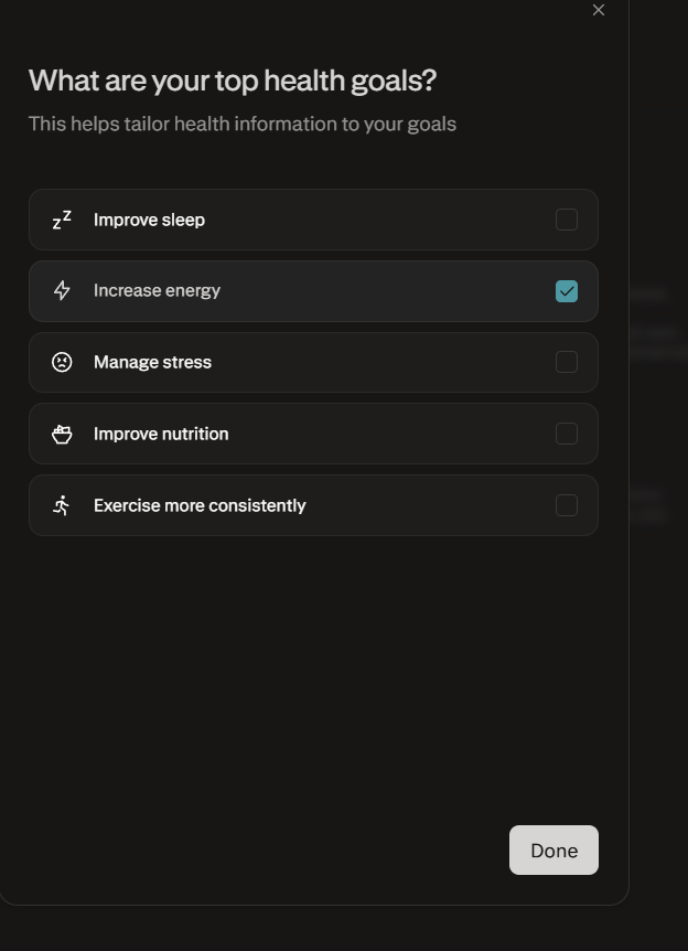 Health goals page from Perplexity Health AI