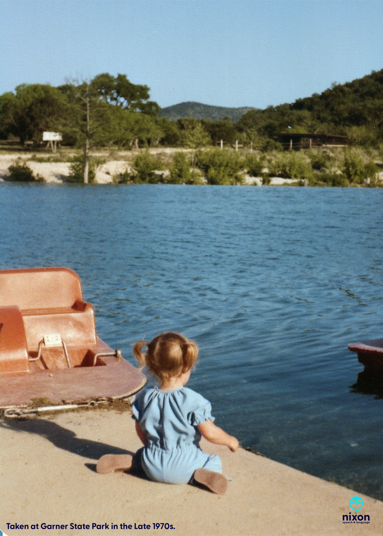 An image of a child in a W-sit position at Garner State Park in the late 70s.