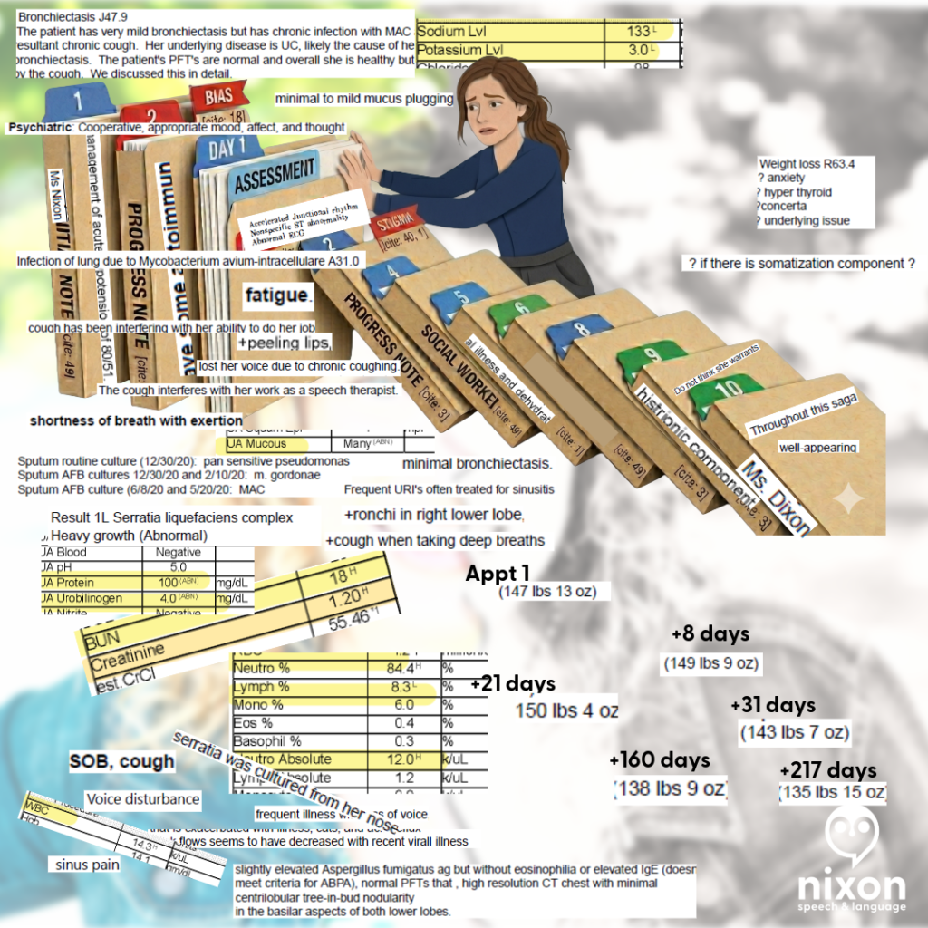 A woman holding up a stack of medical file folders, serving as the featured banner image for the Words Have Weight blog post on patient record advocacy.