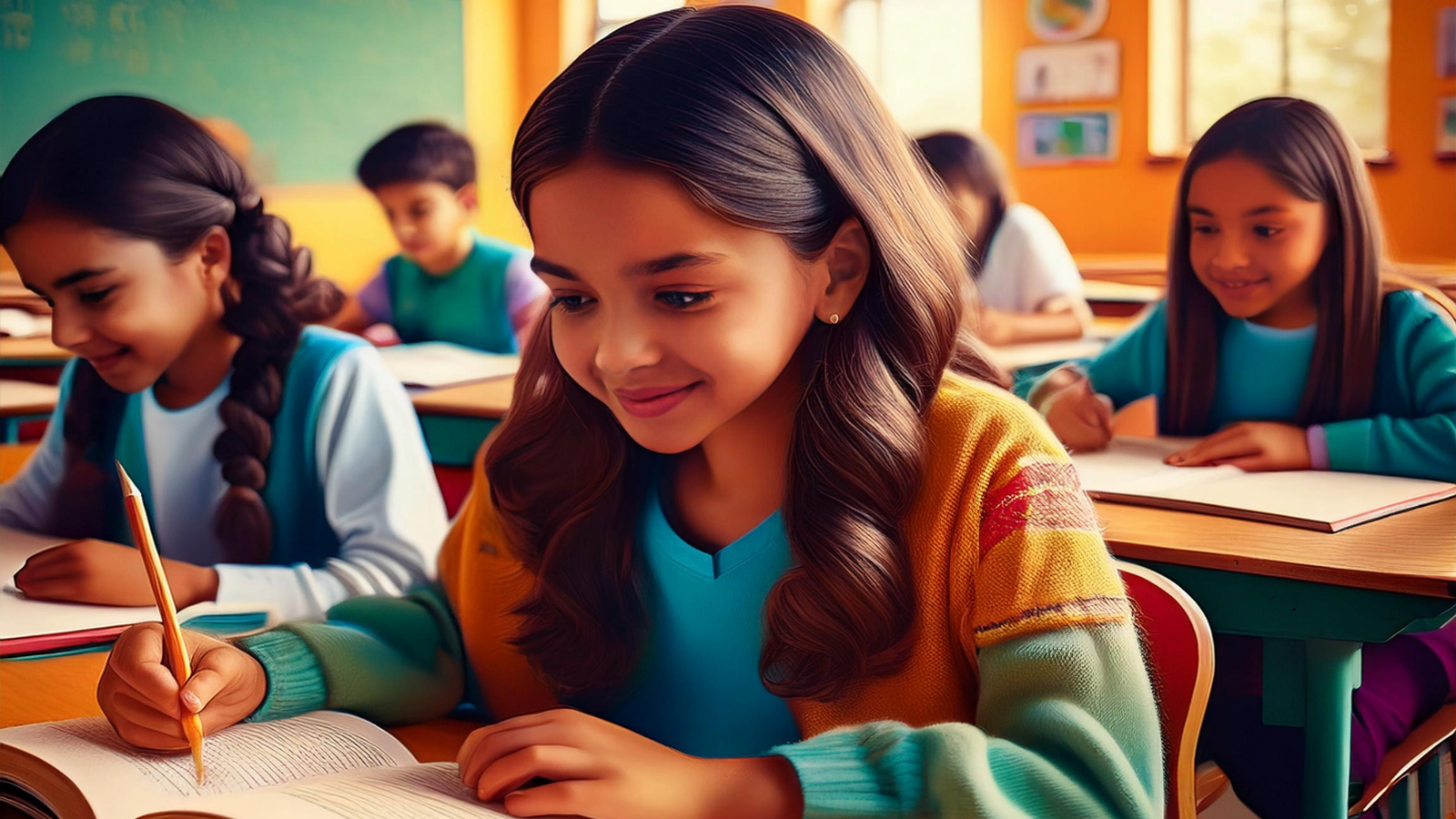 Digital art showing a child sitting at her desk in school reading created by Nixon Speech and Language