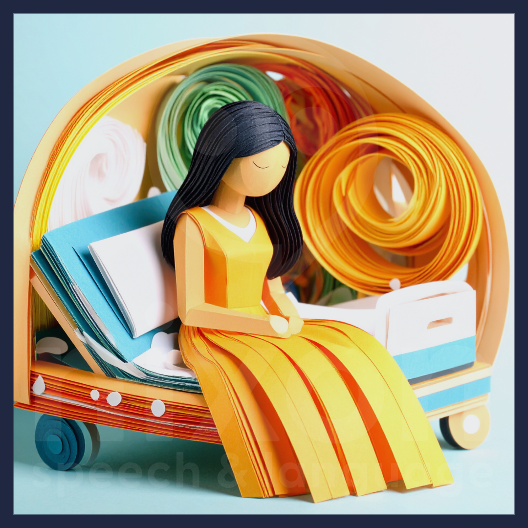 Paper-cut out style image of a woman sitting on a hospital bed struggling to navigate the tightrope between kindness and self-advocacy.